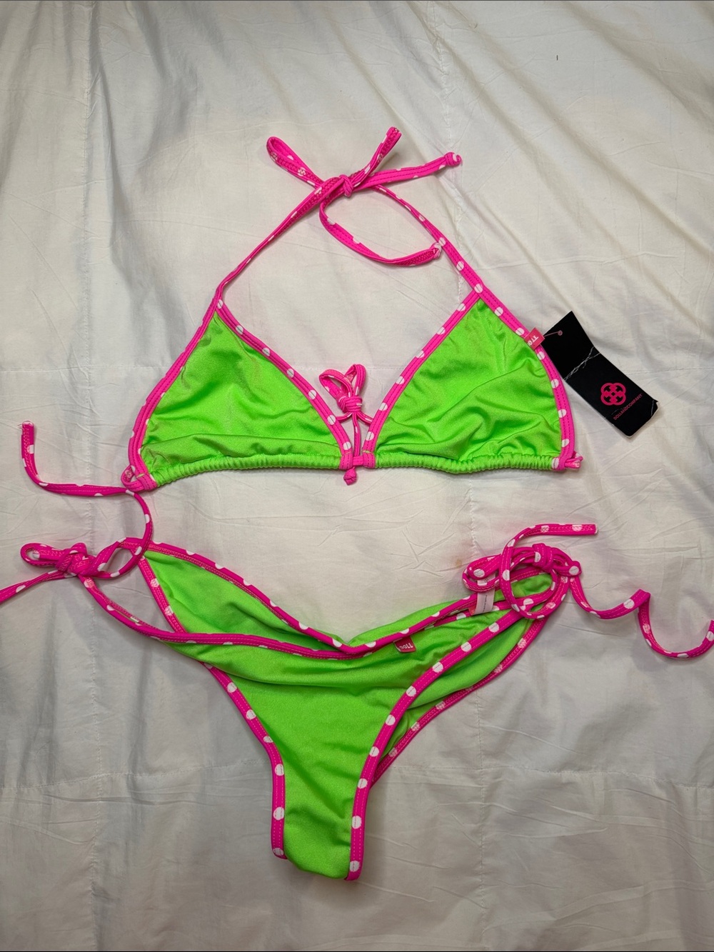 Doll Swimwear Tokyo Neon Green & Pink Polka Dot Bikini Set – Size Large